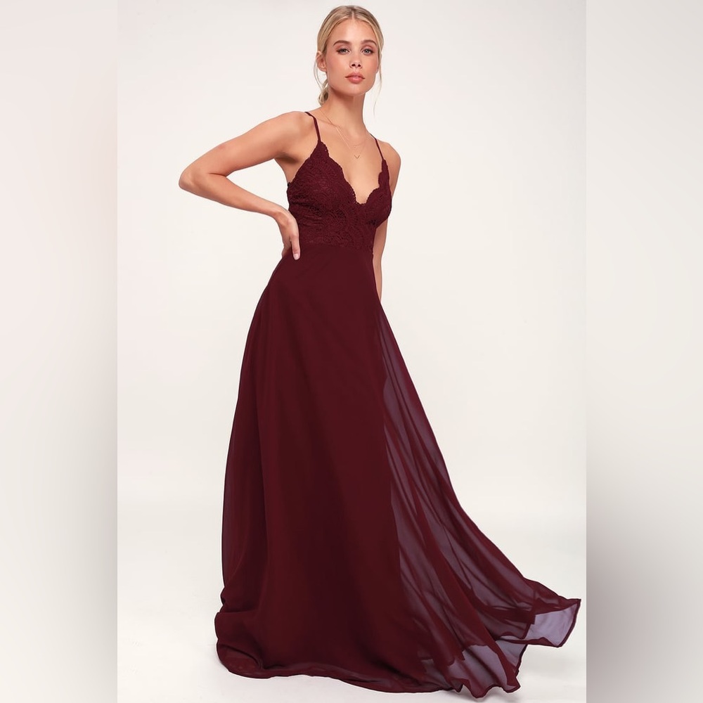 Lulus Madalyn Burgundy Lace Maxi Dress Size L